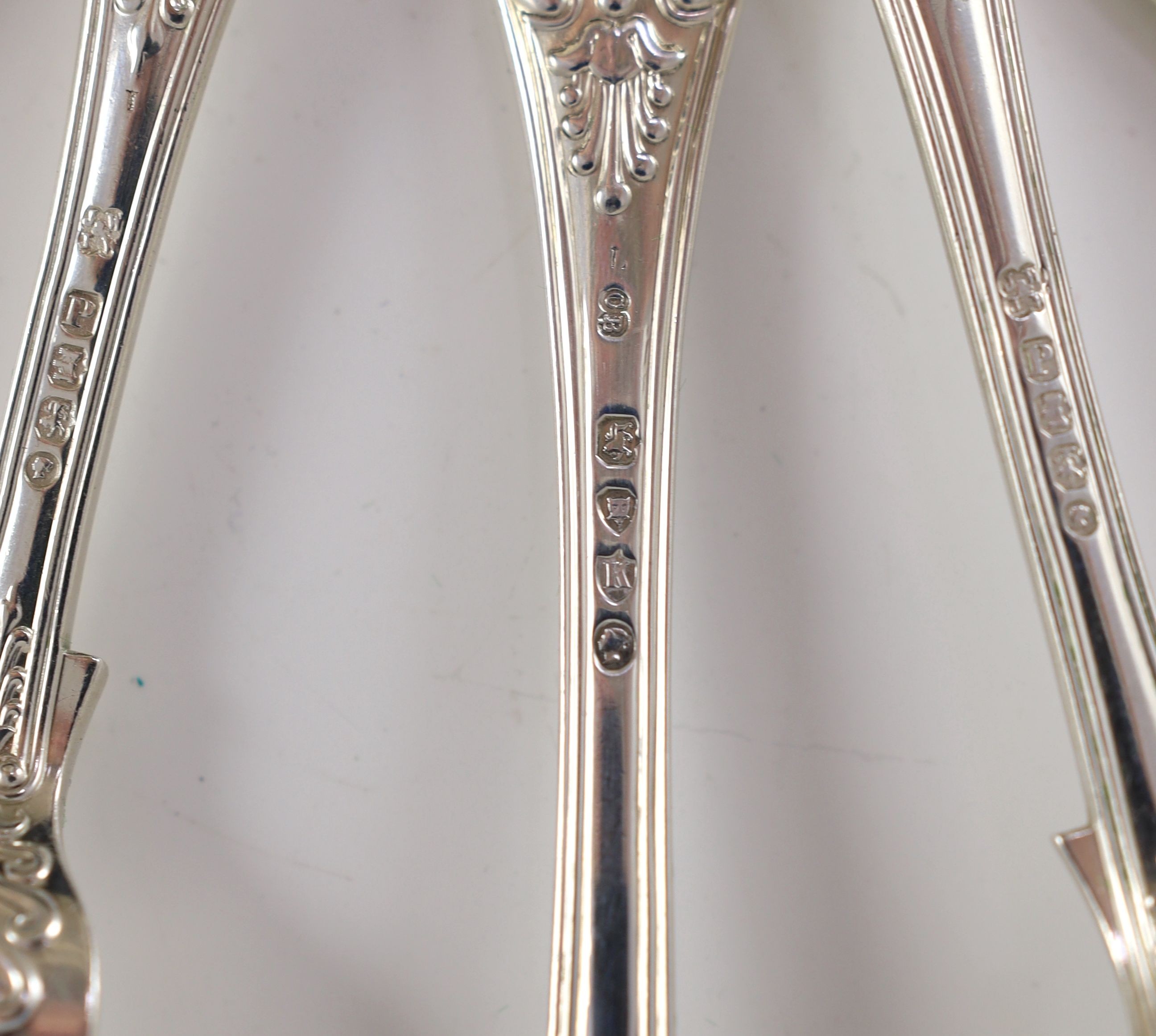 A Victorian and later harlequin part canteen of Kings and Queens pattern silver and plated flatware